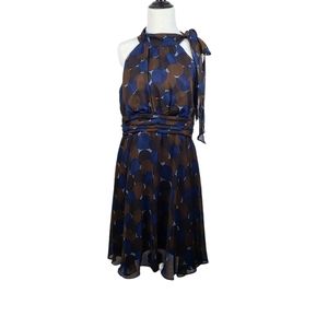Eliza J chiffon fit and flare dress blue brown polka dot sleeveless size 12P